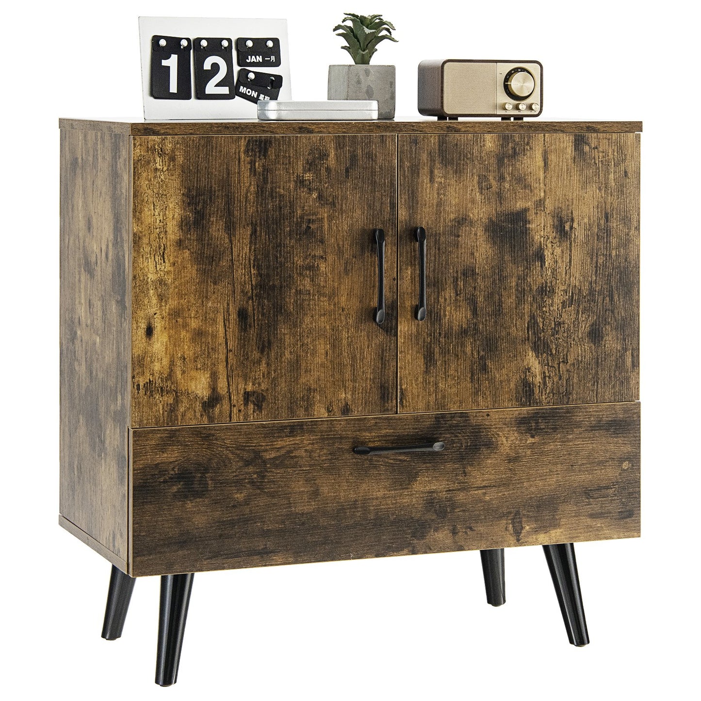 Mid Century Storage Cabinet with 2 Doors and 1 Pull-out Drawer-Rustic Brown