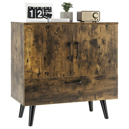 Mid Century Storage Cabinet with 2 Doors and 1 Pull-out Drawer-Rustic Brown
