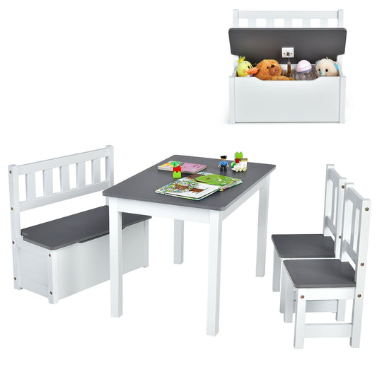4 Pieces Kids Wooden Activity Table and Chairs Set with Storage Bench and Study Desk-Gray