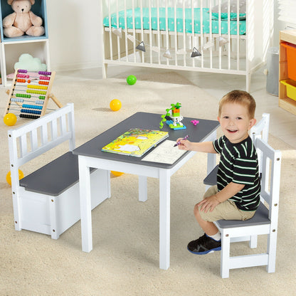 4 Pieces Kids Wooden Activity Table and Chairs Set with Storage Bench and Study Desk-Gray