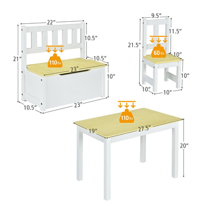 4 Pieces Kids Wooden Activity Table and Chairs Set with Storage Bench and Study Desk-Natural