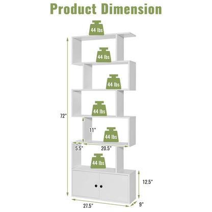 6-Tier S-Shaped Freestanding Bookshelf with Cabinet and Doors-White