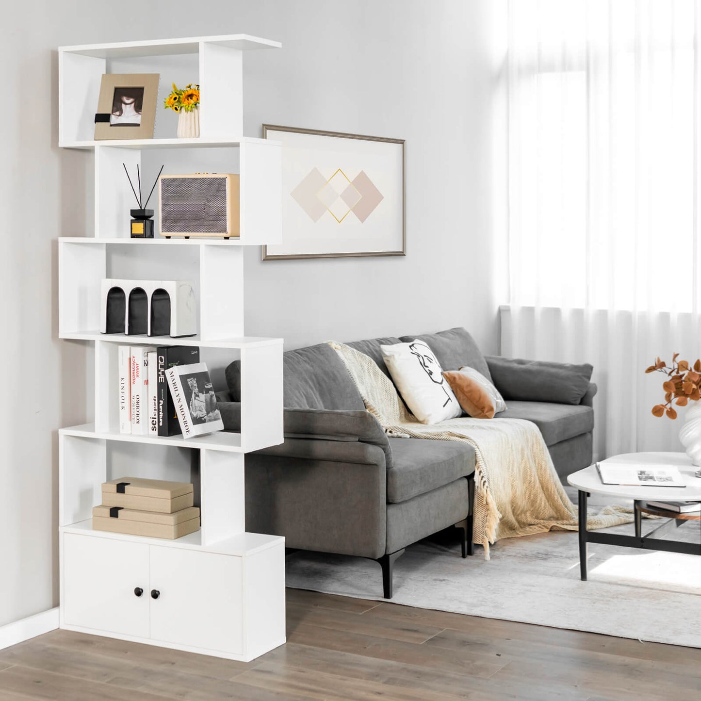 6-Tier S-Shaped Freestanding Bookshelf with Cabinet and Doors-White