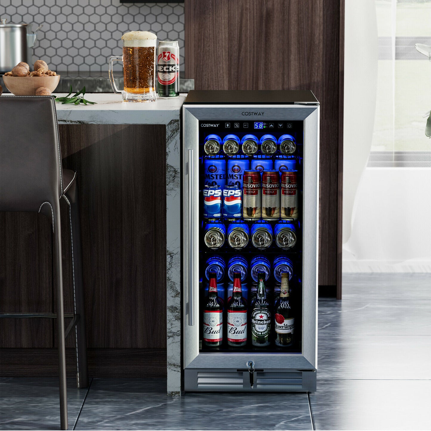 15 Inch 100 Can Built-in Freestanding Beverage Cooler Refrigerator with Adjustable Temperature and Shelf-Silver