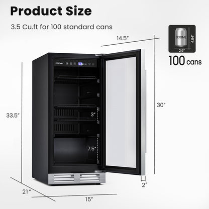 15 Inch 100 Can Built-in Freestanding Beverage Cooler Refrigerator with Adjustable Temperature and Shelf-Silver