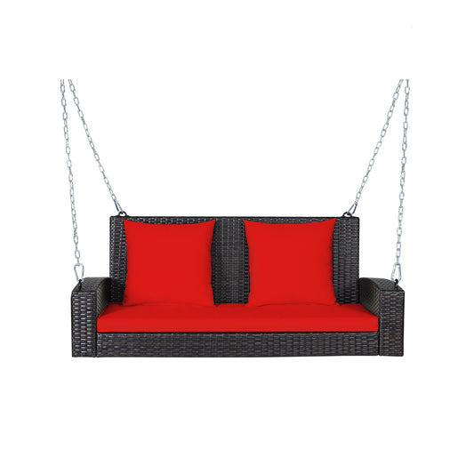 2-Person Patio Rattan Porch Swing with Cushions-Red