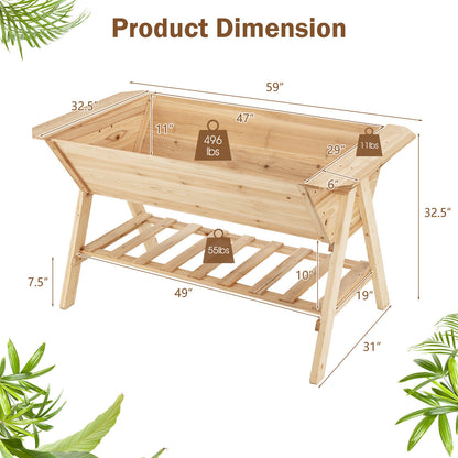 Raised Wood Garden Bed with Shelf and Liner