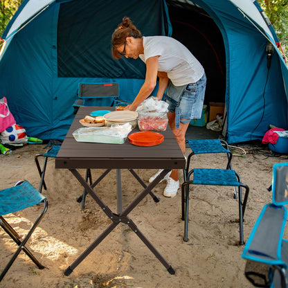 4-6 Person Portable Aluminum Camping Table with Carrying Bag-Brown