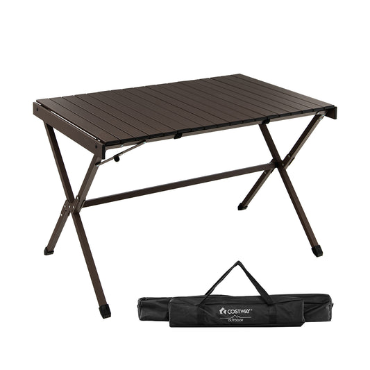 4-6 Person Portable Aluminum Camping Table with Carrying Bag-Brown