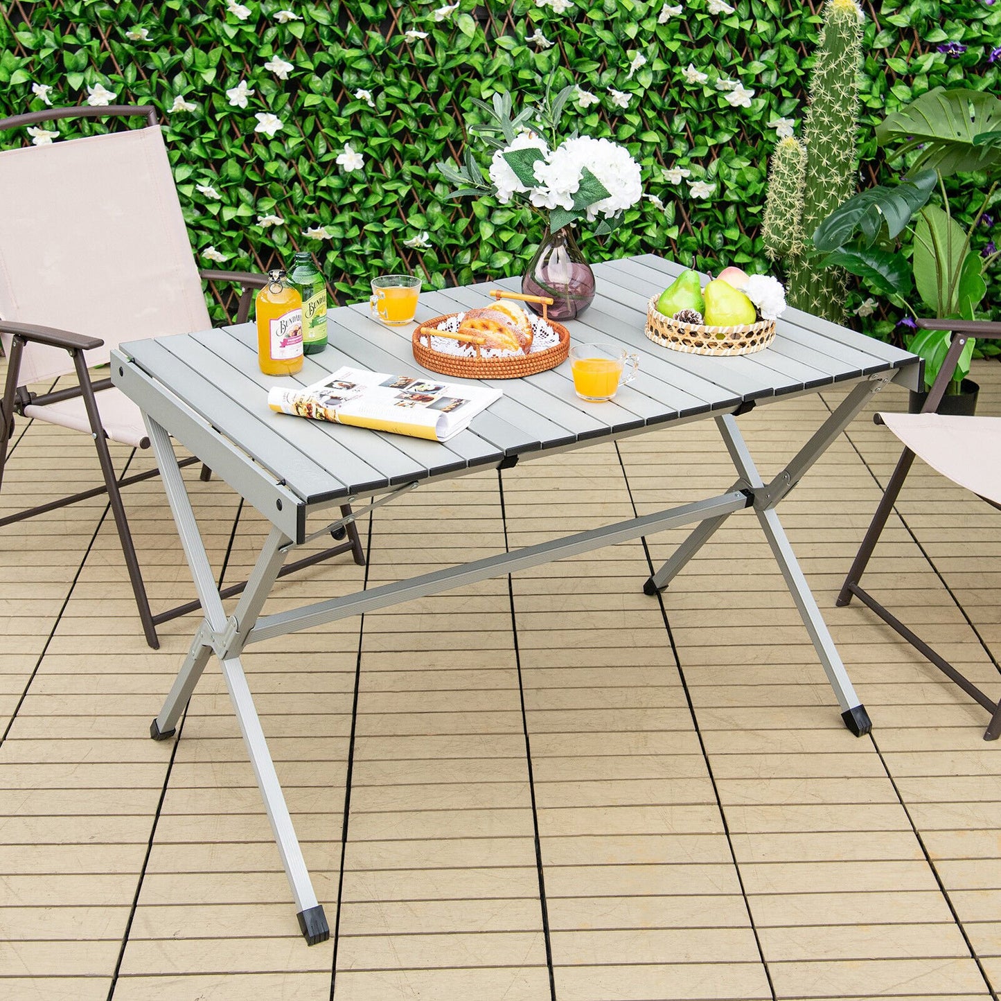 4-6 Person Portable Aluminum Camping Table with Carrying Bag-Brown
