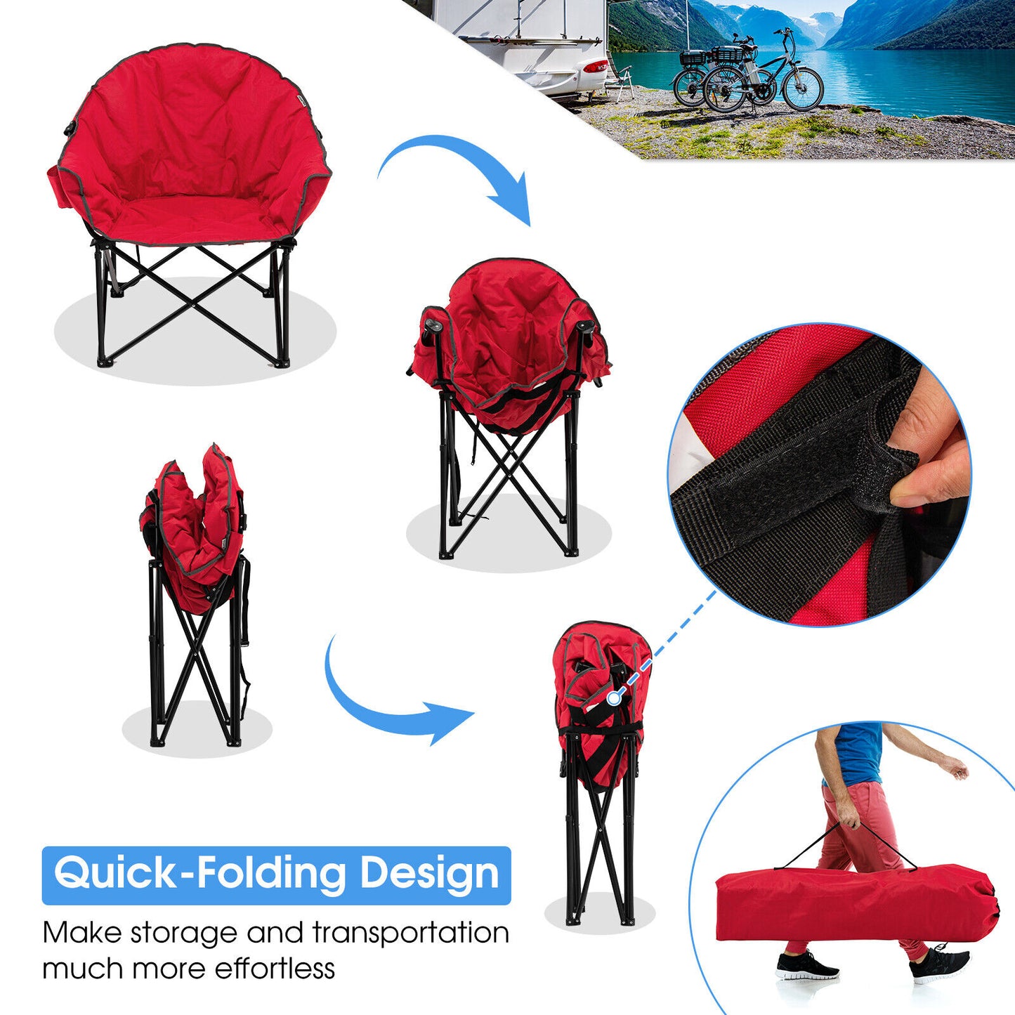 Folding Camping Moon Padded Chair with Carrying Bag-Red