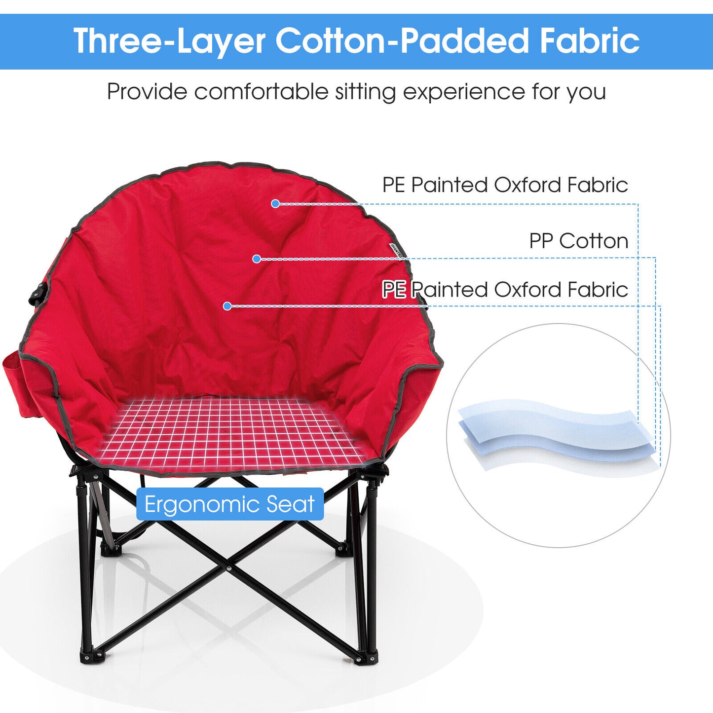 Folding Camping Moon Padded Chair with Carrying Bag-Red