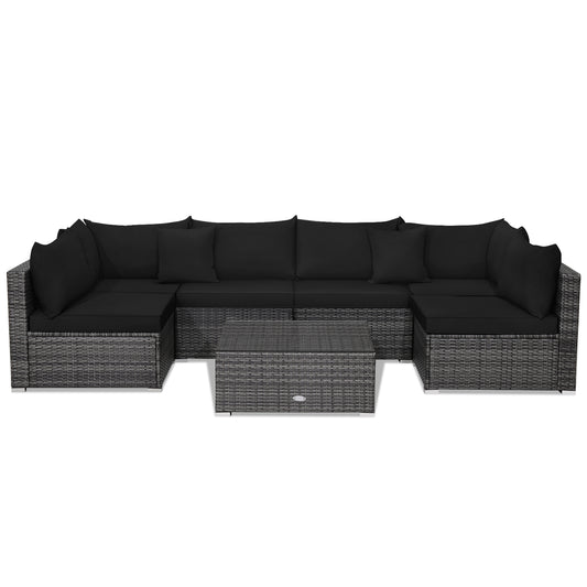 7 Pieces Patio Rattan Furniture Set Sectional Sofa Garden Cushion-Black