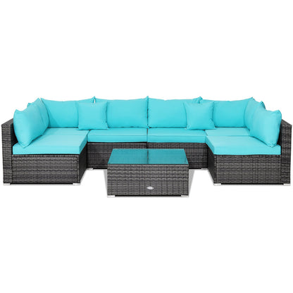 7 Pieces Patio Rattan Furniture Set with Sectional Sofa Cushioned-Beige