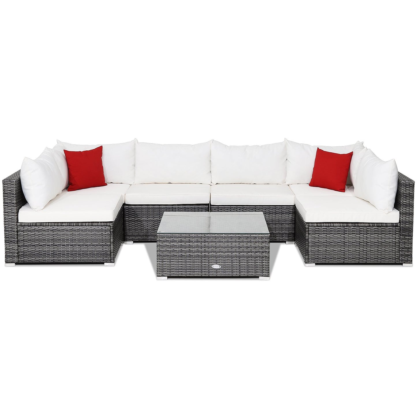 7 Pieces Patio Rattan Furniture Set with Sectional Sofa Cushioned-Beige