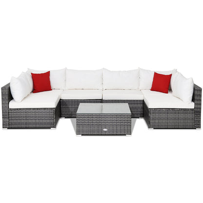 7 Pieces Patio Rattan Furniture Set with Sectional Sofa Cushioned-Beige