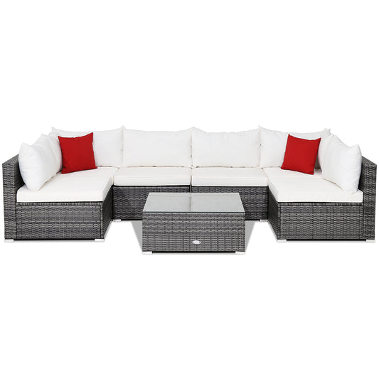 7 Pieces Patio Rattan Furniture Set Sectional Sofa Garden Cushion-White