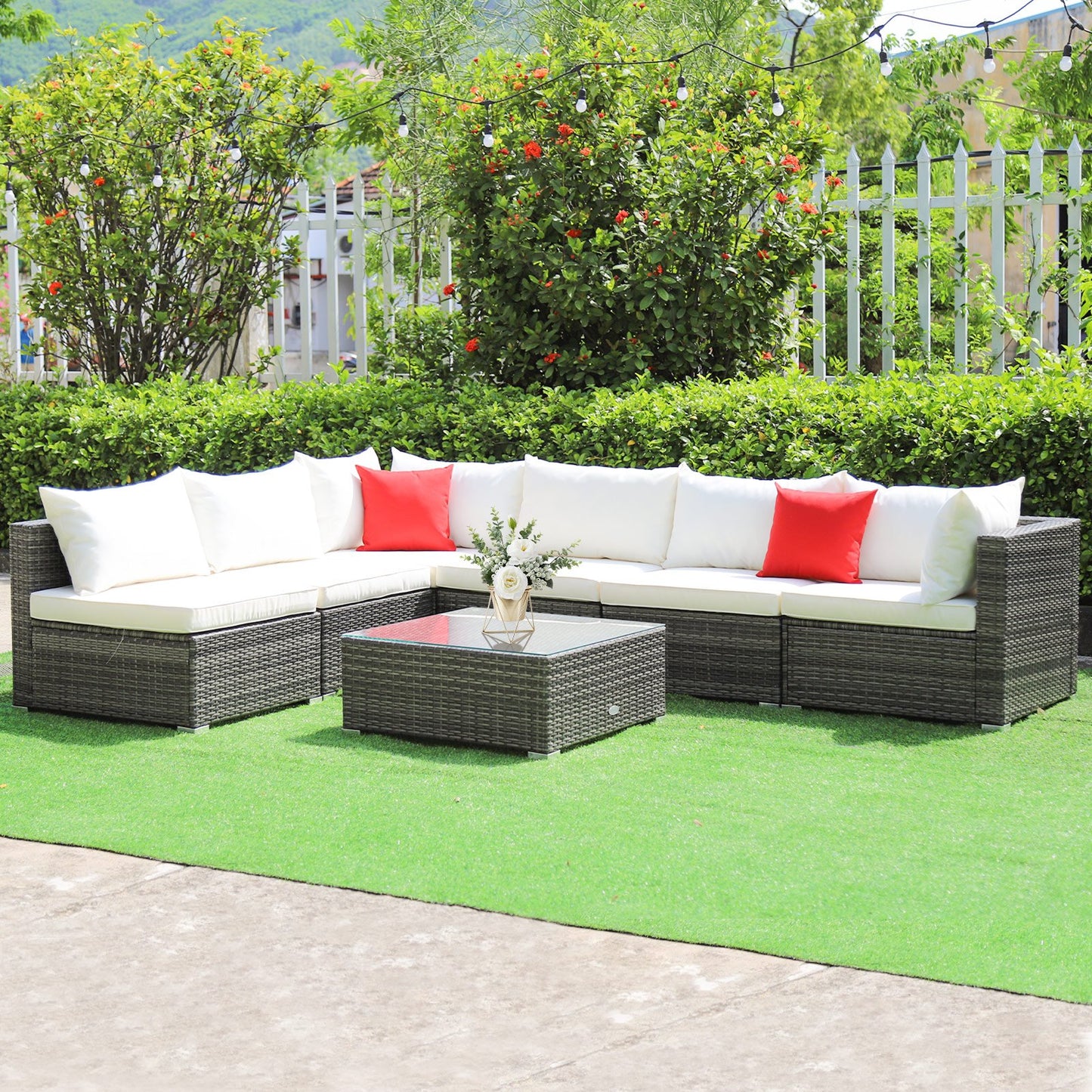 7 Pieces Patio Rattan Furniture Set with Sectional Sofa Cushioned-Beige