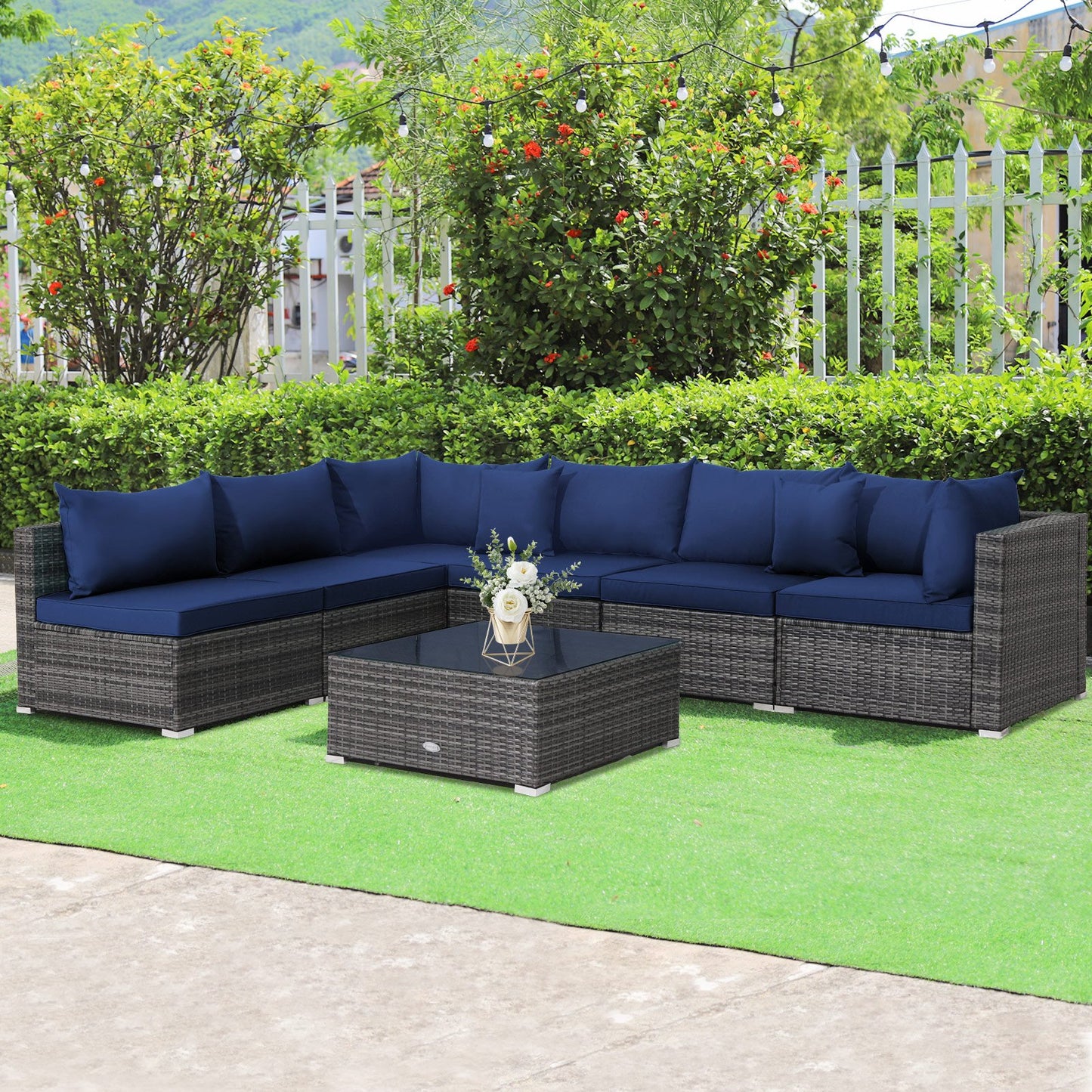 7 Pieces Patio Rattan Furniture Set with Sectional Sofa Cushioned-Beige