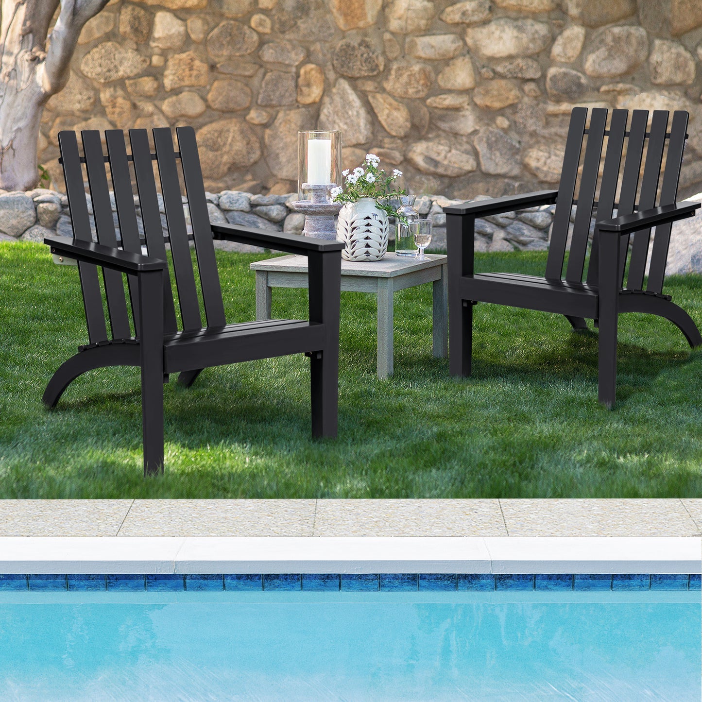 Outdoor Durable Patio Acacia Wood Adirondack Lounge Armchair-Black