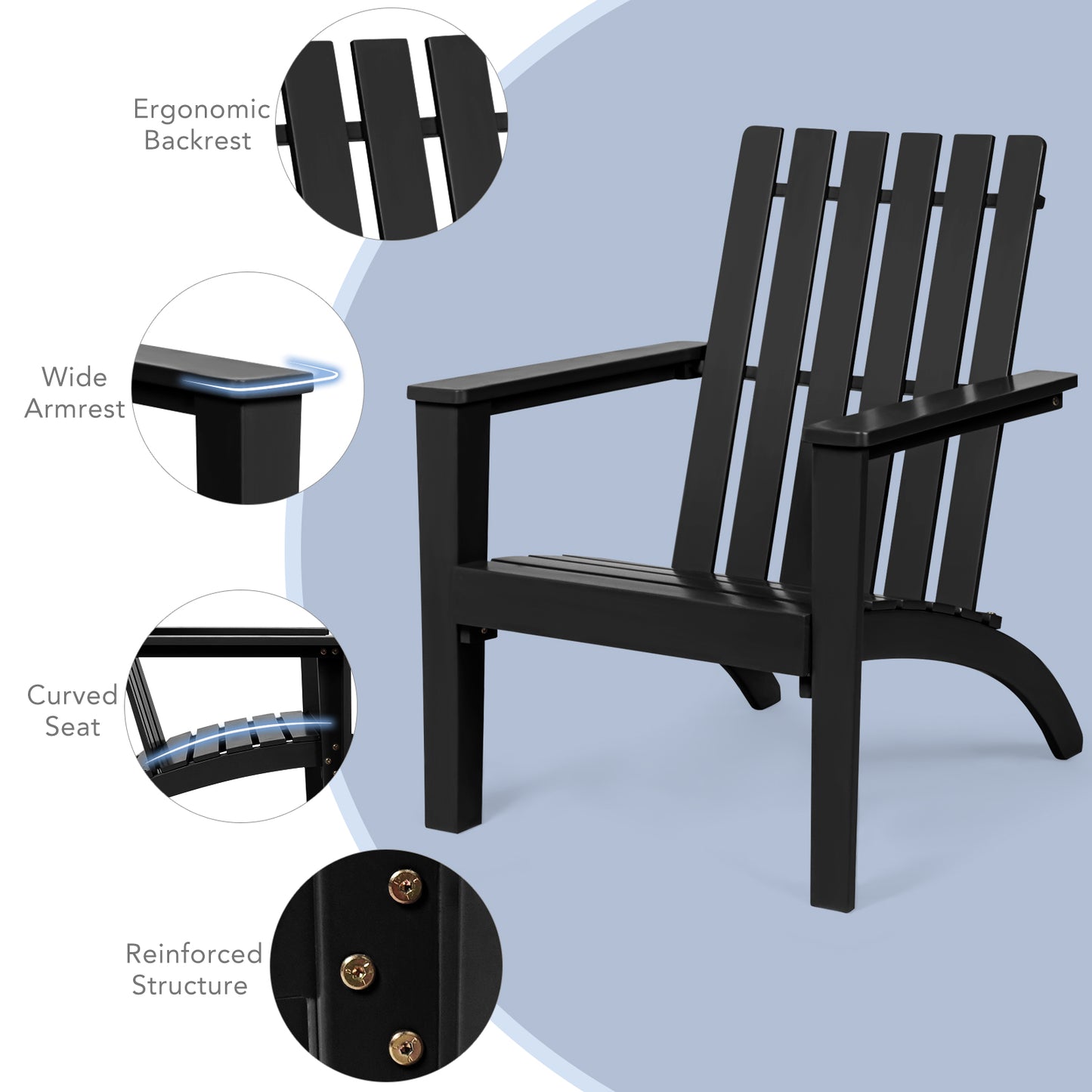 Outdoor Durable Patio Acacia Wood Adirondack Lounge Armchair-Black