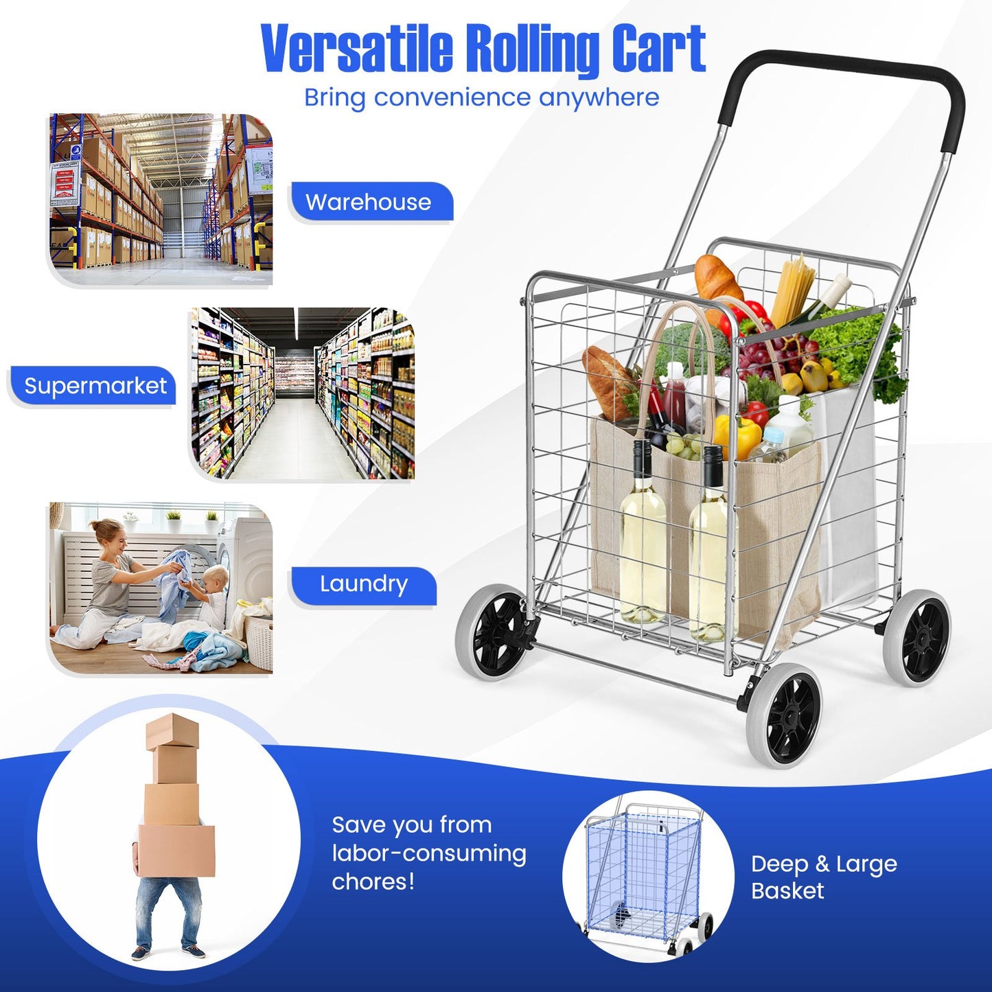 Portable Folding Shopping Cart Utility for Grocery Laundry-Black