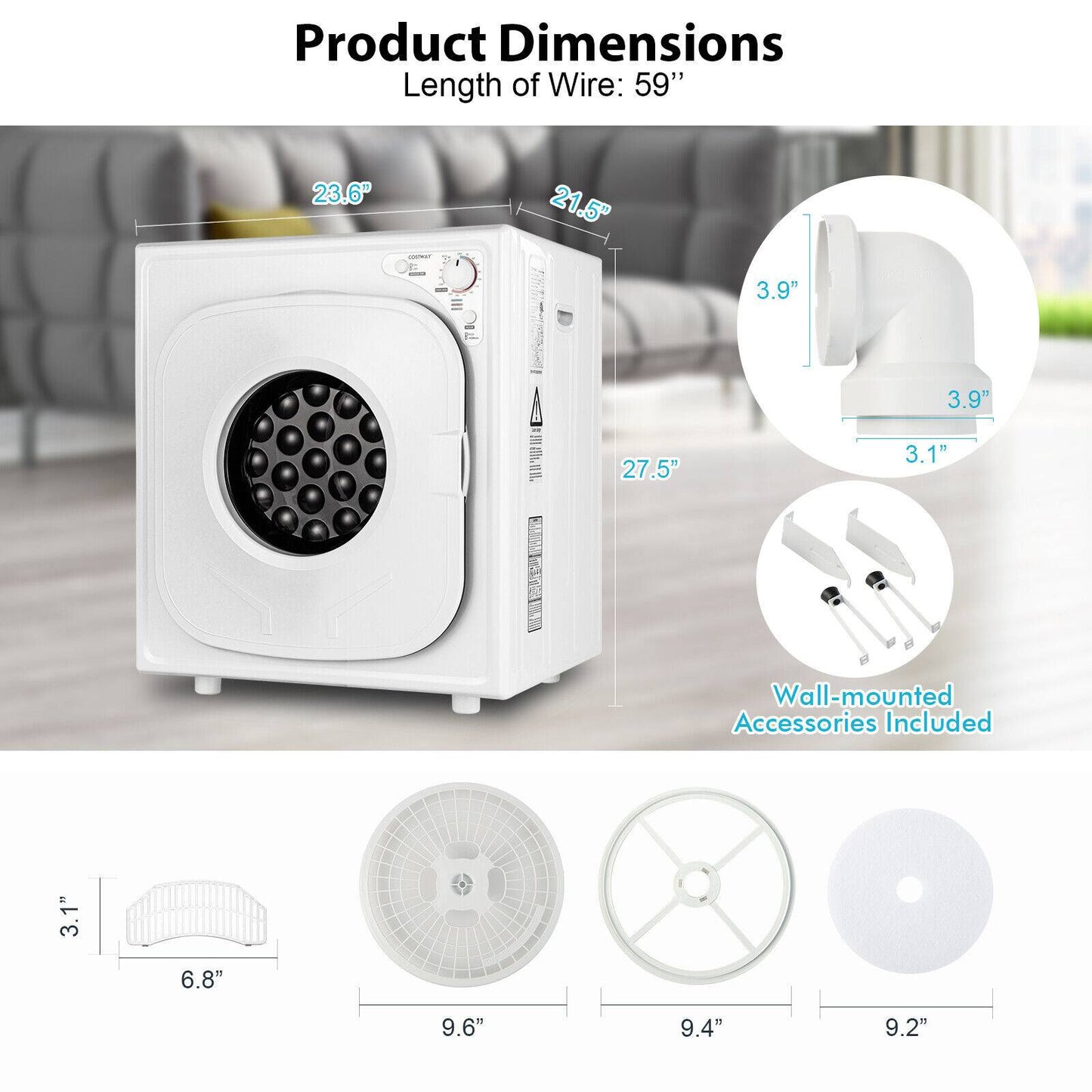 1500W Compact Laundry Dryer with Touch Panel-White
