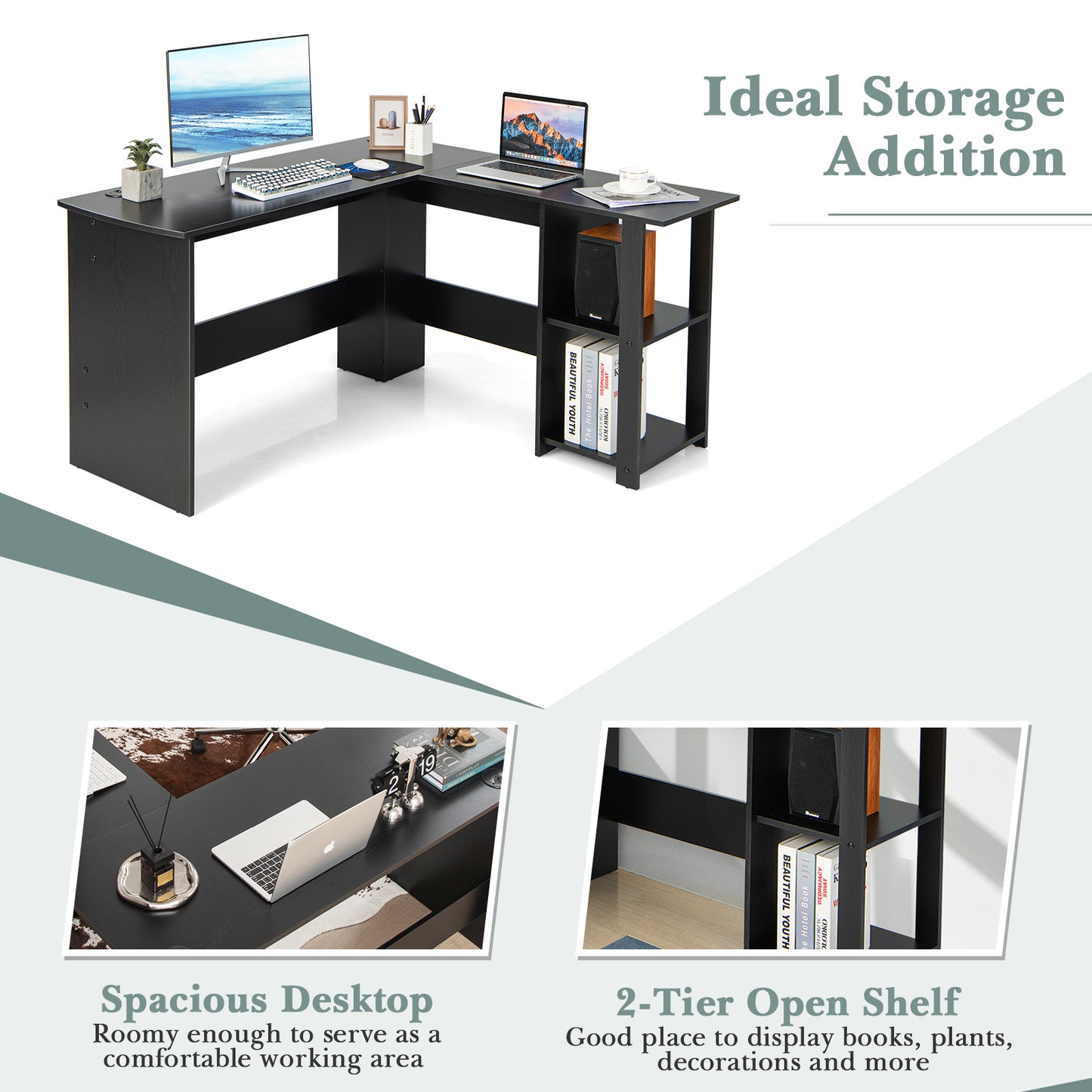 L Shaped Computer Desk Corner Writing Workstation with Storage Shelves
