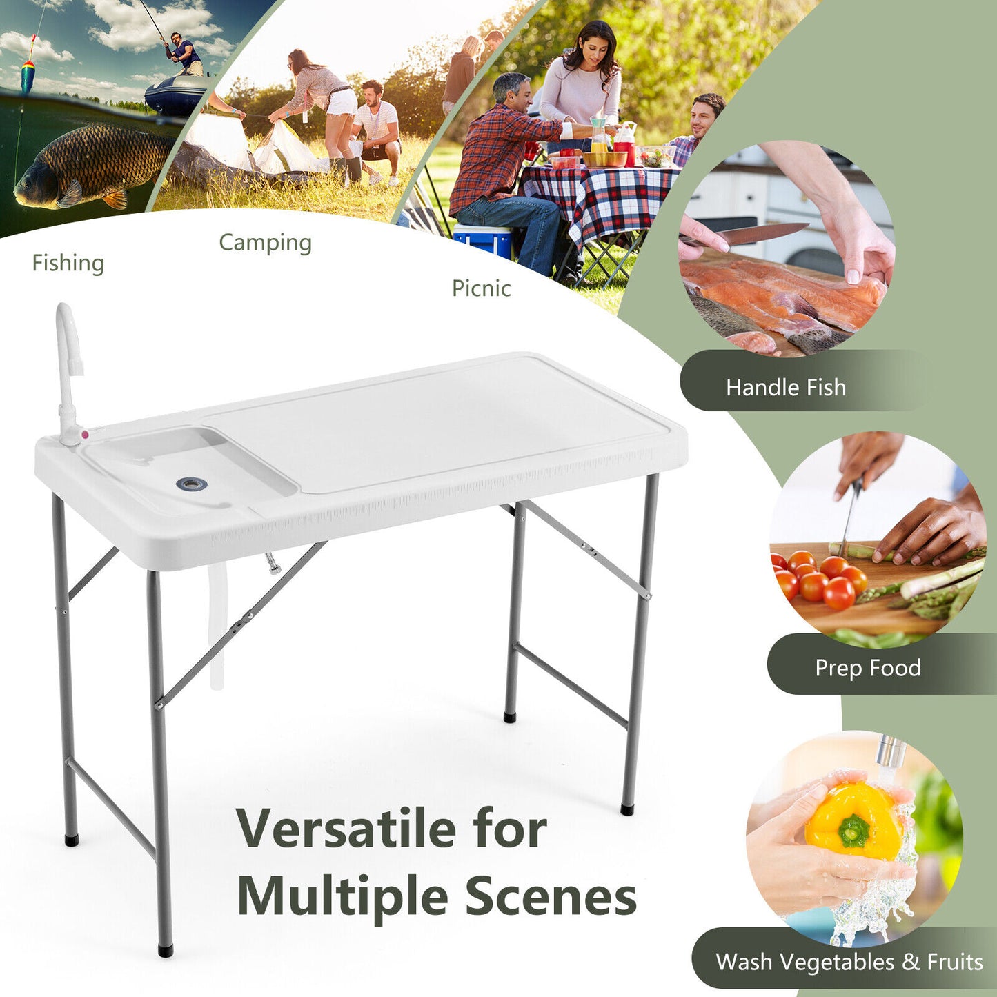 Folding Fish Cleaning Table with Sink and Faucet for Dock Picnic