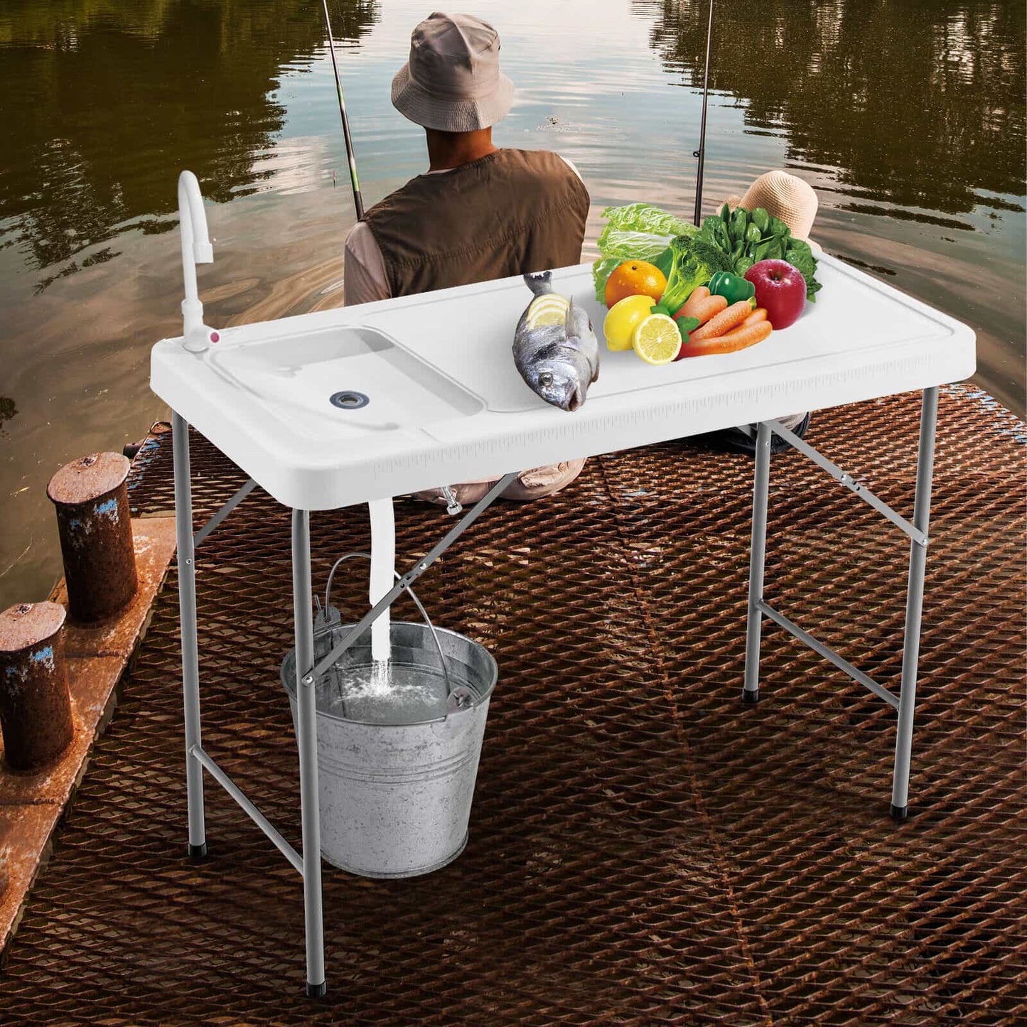 Folding Fish Cleaning Table with Sink and Faucet for Dock Picnic