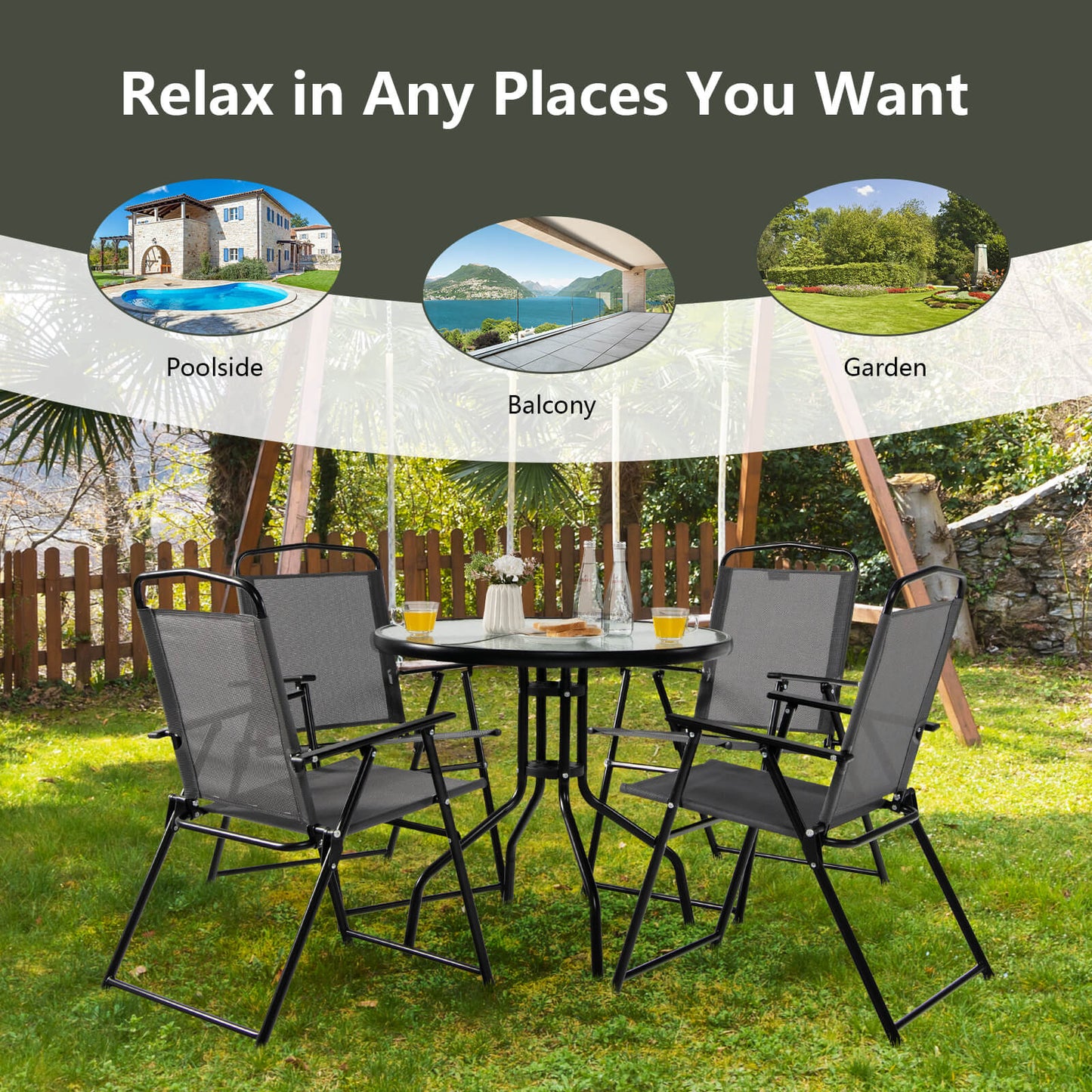 6 Pieces Patio Dining Set Folding Chairs Glass Table Tilt Umbrella for Garden-Gray