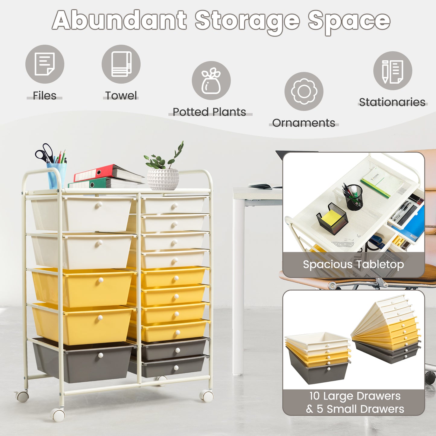 15-Drawer Storage Rolling Organizer Cart-Yellow