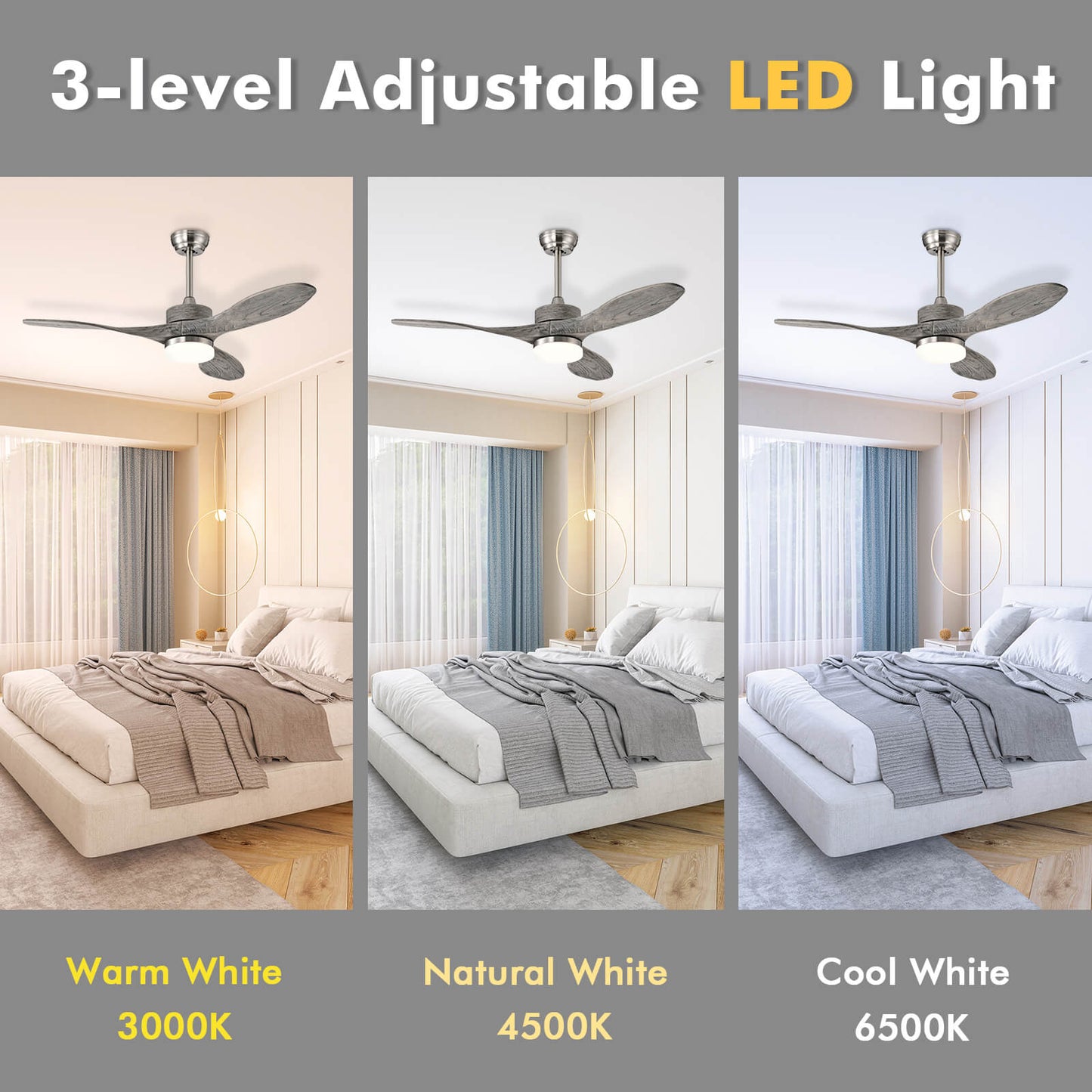 48 Inch Wood Ceiling Fan with LED Lights and 6 Speed Levels-Silver