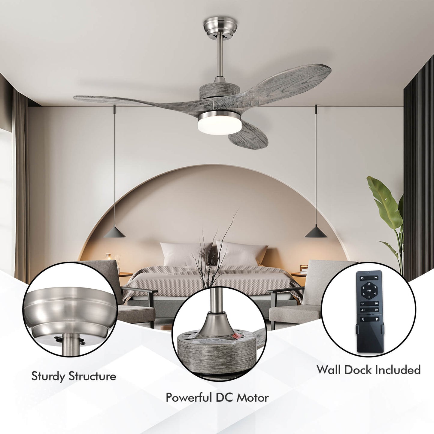 48 Inch Wood Ceiling Fan with LED Lights and 6 Speed Levels-Silver