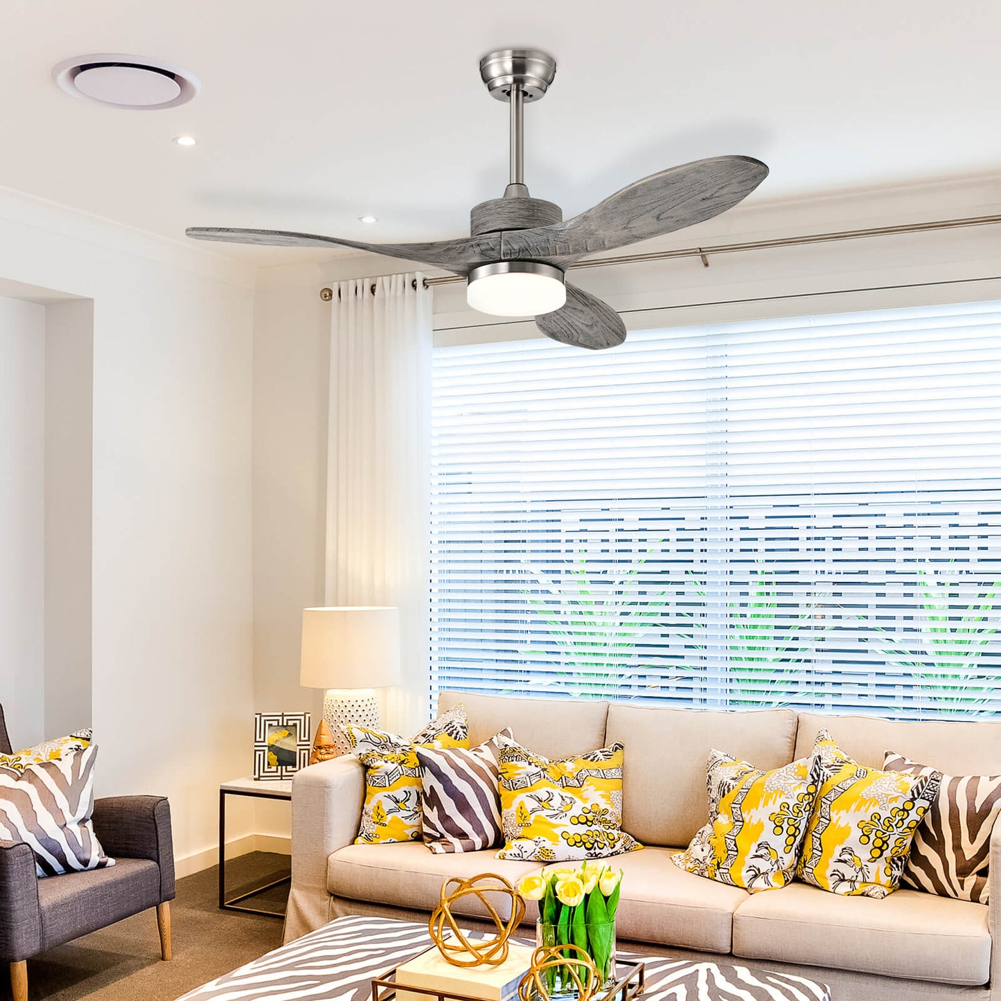 48 Inch Wood Ceiling Fan with LED Lights and 6 Speed Levels-Silver