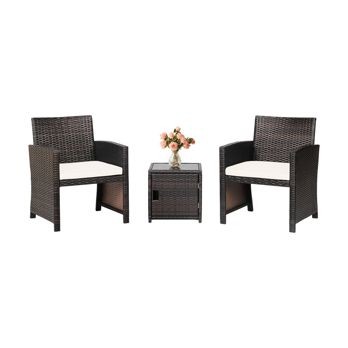 3 Pieces Patio Wicker Furniture Set with Storage Table and Protective Cover-Gray