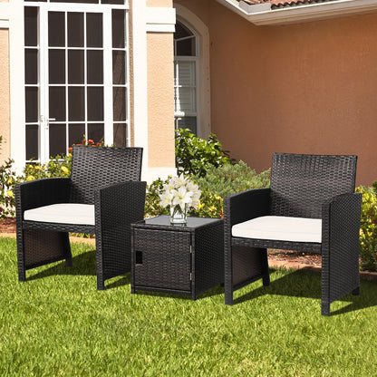3 Pieces Patio Wicker Furniture Set with Storage Table and Protective Cover-Gray