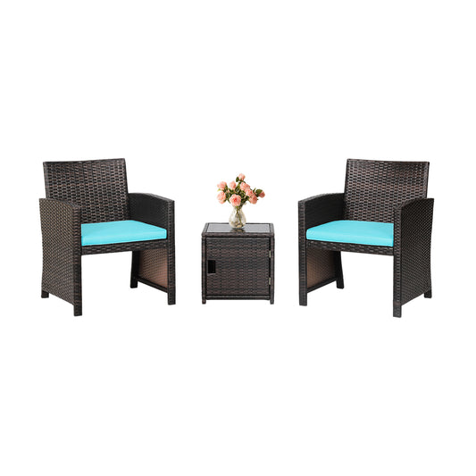 3 Pieces Patio Wicker Furniture Set with Storage Table and Protective Cover-Turquoise