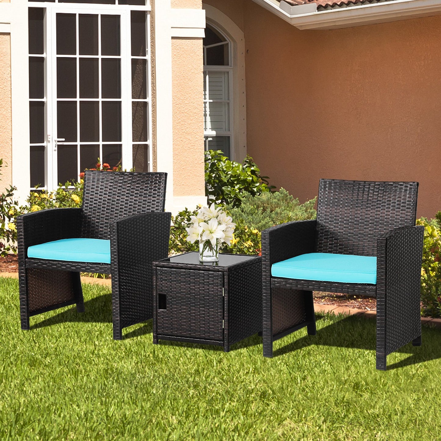 3 Pieces Patio Wicker Furniture Set with Storage Table and Protective Cover-Gray
