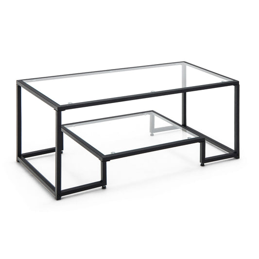 Modern Rectangular Coffee Table with Glass Table Top-Black