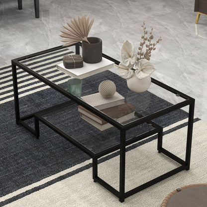 Modern Rectangular Coffee Table with Glass Table Top-Black