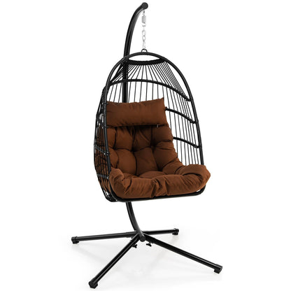 Patio Hanging Egg Chair with Stand Waterproof Cover and Folding Basket-Brown