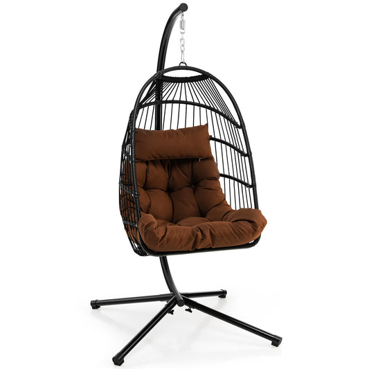Patio Hanging Egg Chair with Stand Waterproof Cover and Folding Basket-Brown