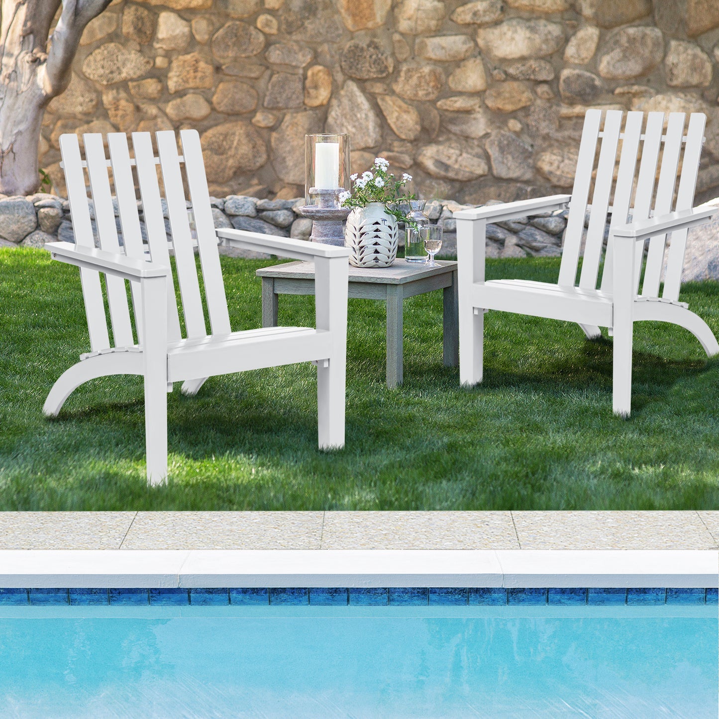 Outdoor Durable Patio Acacia Wood Adirondack Lounge Armchair-White