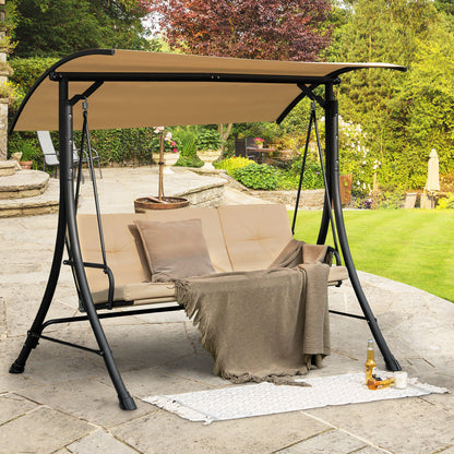 3-Seat Outdoor Porch Swing with Adjustable Canopy and Padded Cushions-Beige