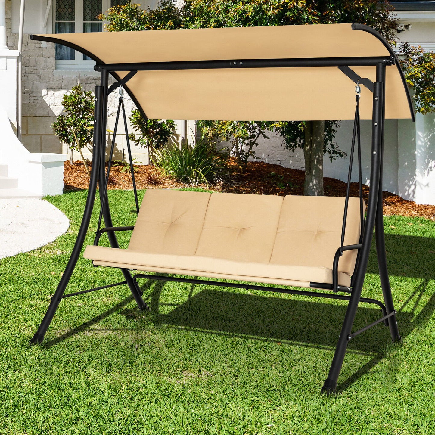 3-Seat Outdoor Porch Swing with Adjustable Canopy and Padded Cushions-Beige