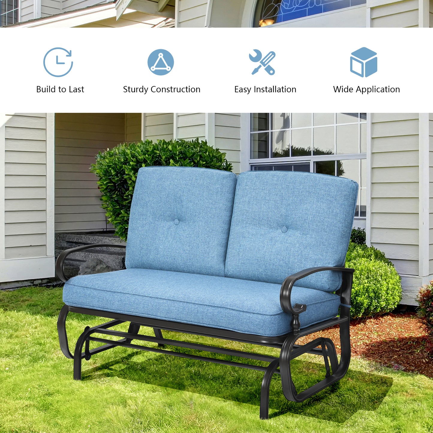 2 Seats Outdoor Swing Glider Chair with Comfortable Cushions-Blue