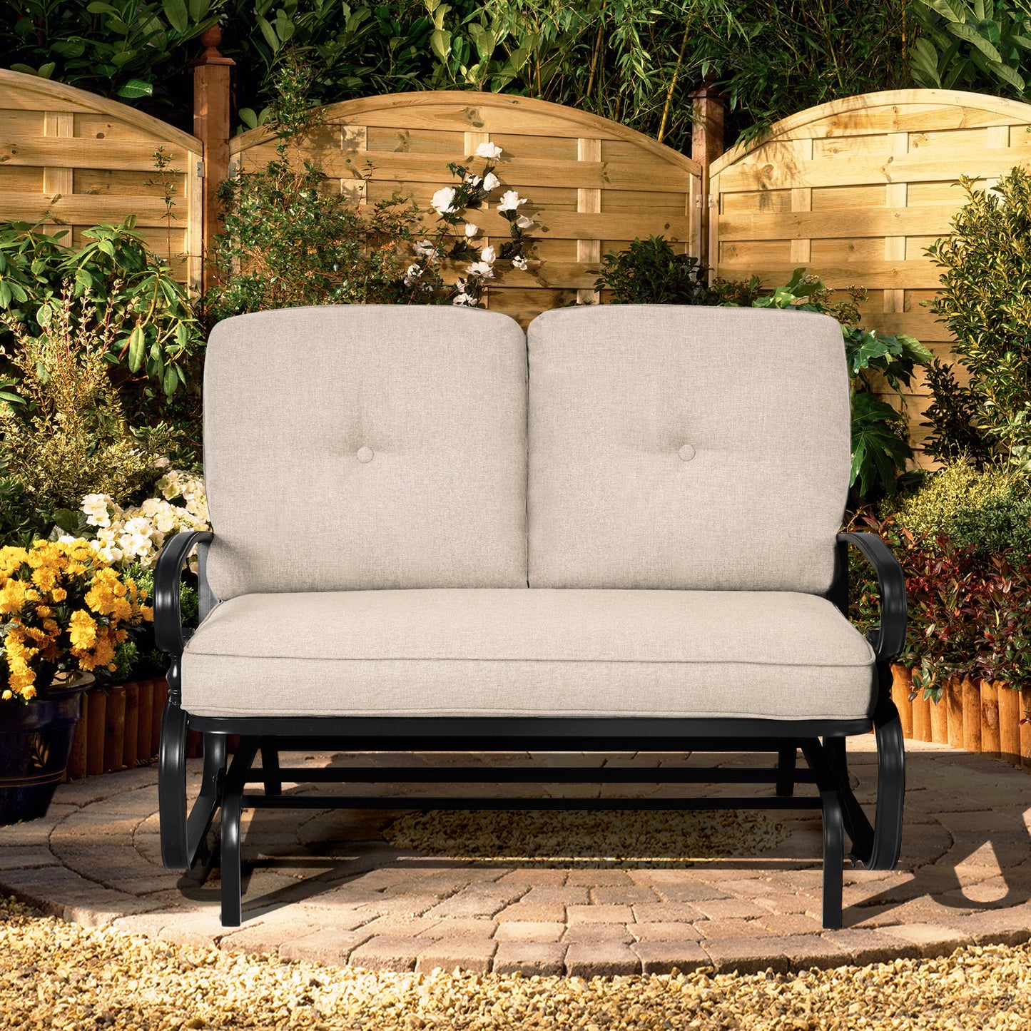 2 Seats Outdoor Swing Glider Chair with Comfortable Cushions-Beige