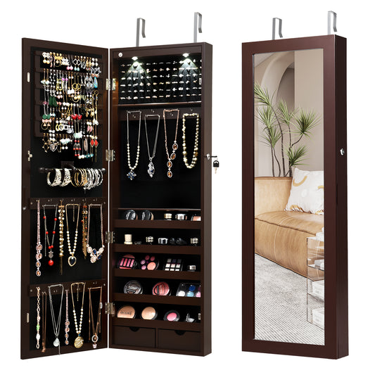 Lockable Wall Mount Mirrored Jewelry Cabinet with LED Lights-Brown - Direct by Wilsons Home Store