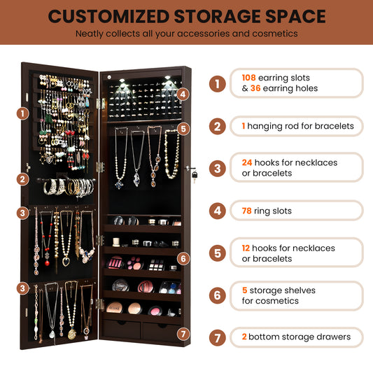 Lockable Wall Mount Mirrored Jewelry Cabinet with LED Lights-Brown